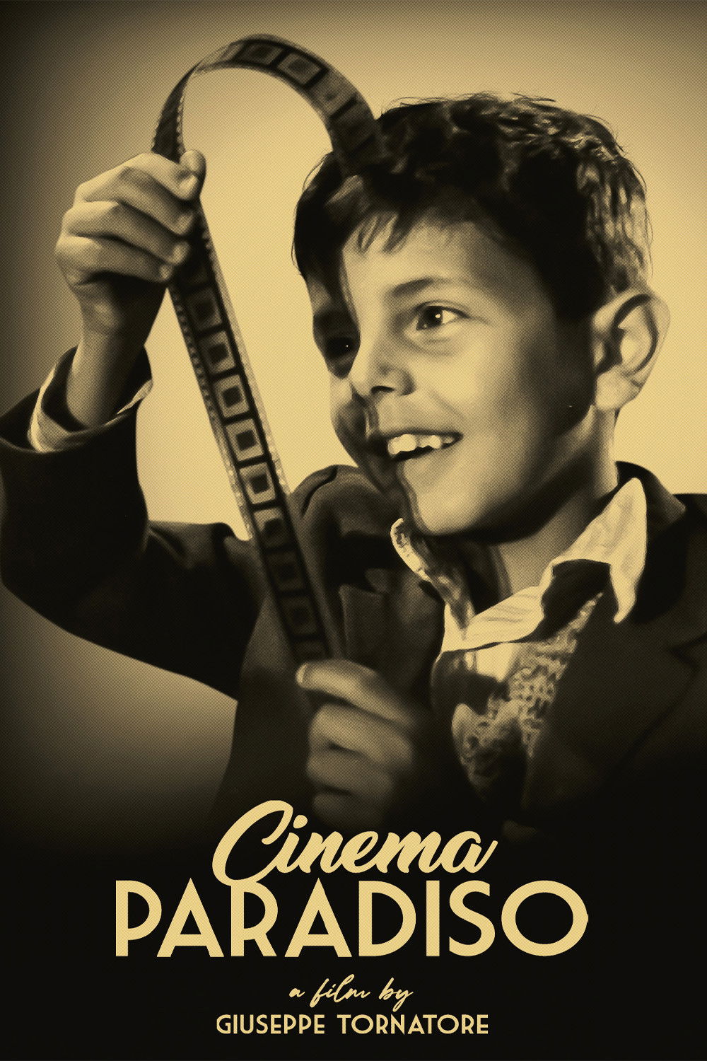 Image is a movie poster for Cinema Paradiso, showing young Salvatore looking with glee at a section of film