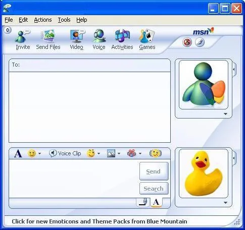 Image is a screenshot of a blank MSN Messenger conversation, circa 2004. The participants are represented by generic profile pictures - the MSN with butterfly person logo, and the yellow rubber duck